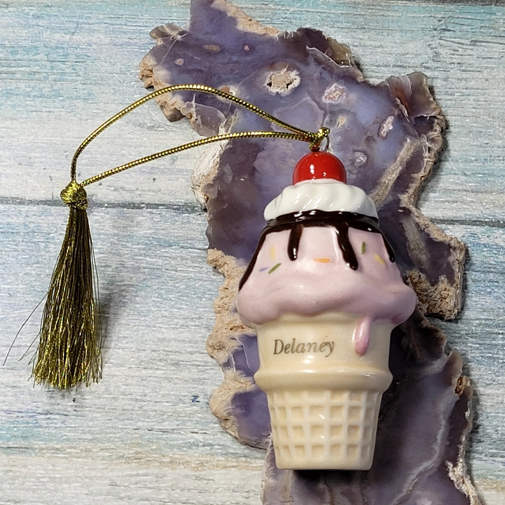 Lenox Ice Cream Cone Ornament "Delaney" name.